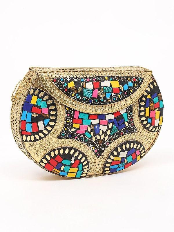 Exotic India Handmade Clutch Hand Bag With Mosaic Work And Shoulder Chain