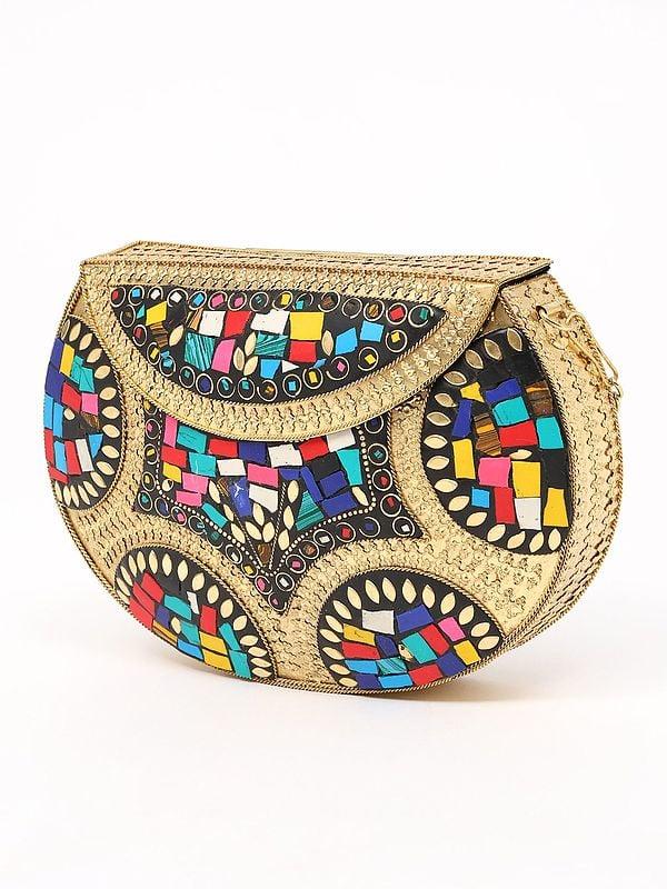 Exotic India Handmade Clutch Hand Bag With Mosaic Work And Shoulder Chain