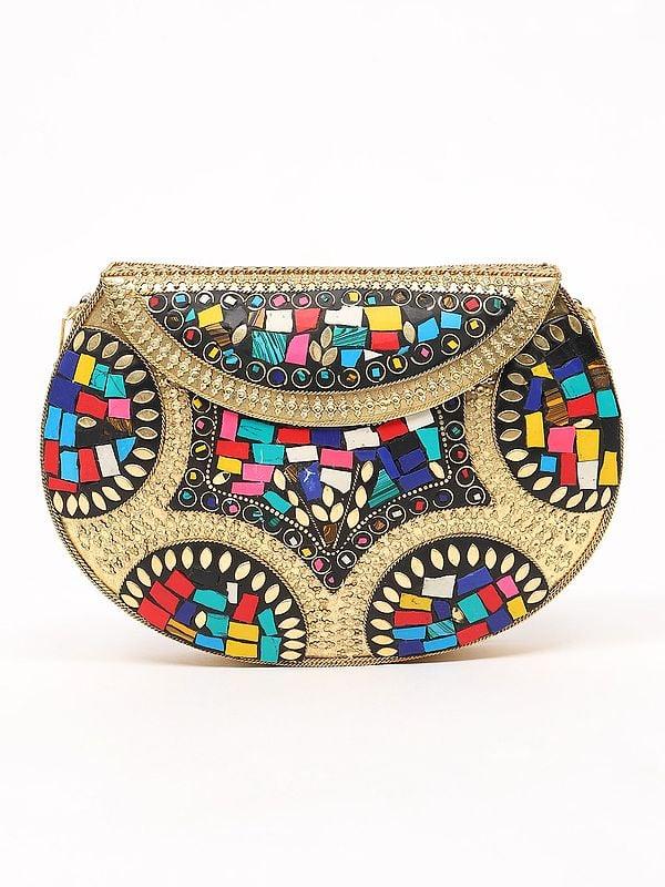 exotic india Handmade Clutch Hand Bag with Mosaic Work and Shoulder Chain 