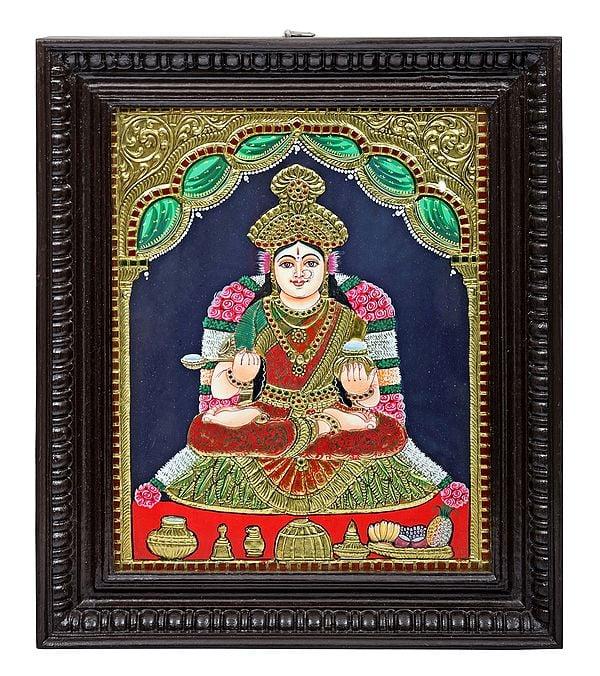 exotic india Handmade Maa Annapurna Tanjore Painting | Traditional Colors With 24K Gold | Teakwood Frame | Gold & Wood | Made In India 