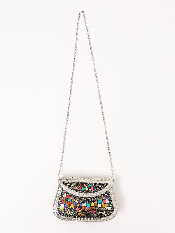 Exotic India Handmade Multicolor Mosaic Stone Clutch Hand Bag With Chain Strap 