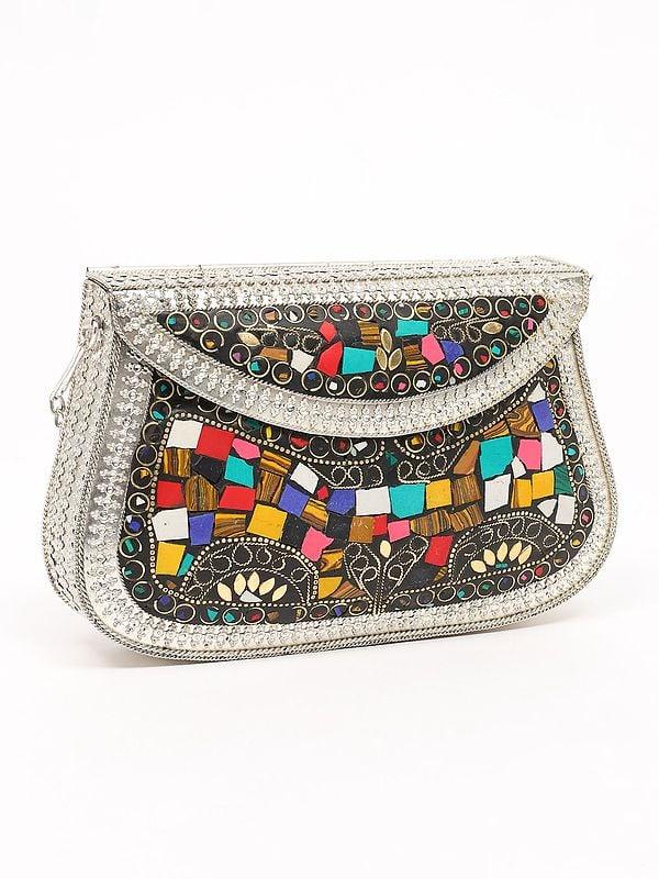 Exotic India Handmade Multicolor Mosaic Stone Clutch Hand Bag With Chain Strap 