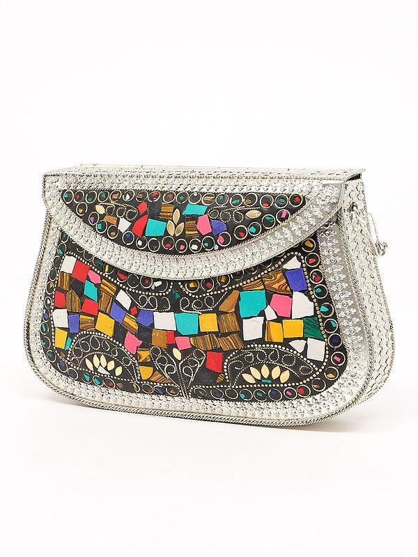 Exotic India Handmade Multicolor Mosaic Stone Clutch Hand Bag With Chain Strap 
