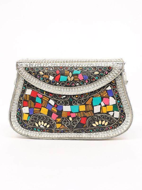 exotic india Handmade Multicolor Mosaic Stone Clutch Hand Bag with Chain Strap 