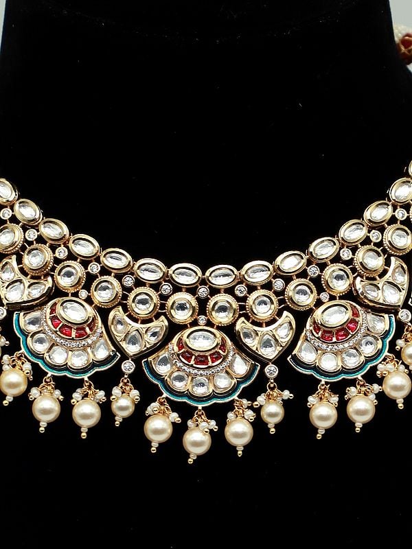 Exotic India Hanging Beads Brass Necklace Set With Studded Kundan And Earrings