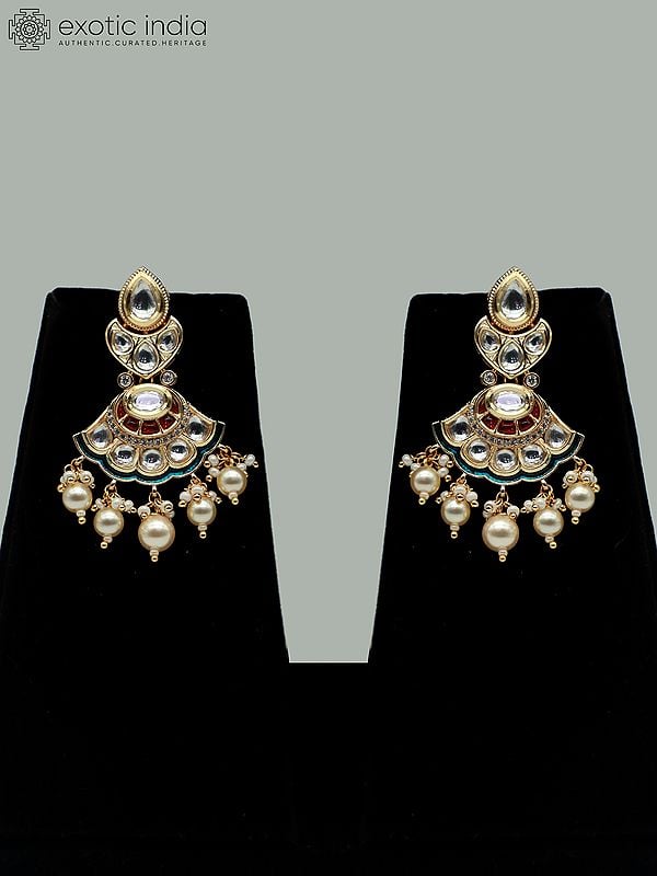 Exotic India Hanging Beads Brass Necklace Set With Studded Kundan And Earrings