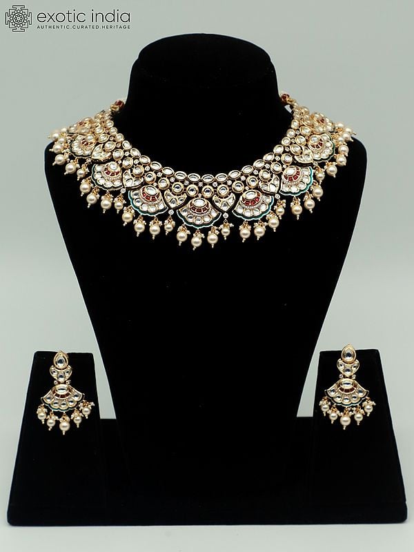 exotic india Hanging Beads Brass Necklace Set With Studded Kundan And Earrings 