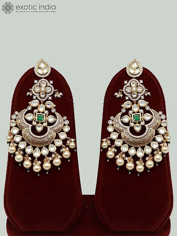 Exotic India Hanging Beads Heavy Kundan Necklace Set With Earrings And Mangtika