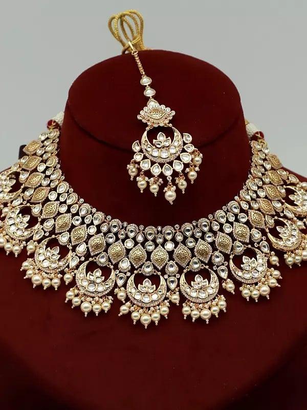 Exotic India Hanging Beads Kundan Necklace With Mangtika And Beautiful Earrings