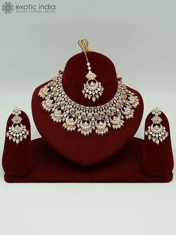 exotic india Hanging Beads Kundan Necklace With Mangtika And Beautiful Earrings 