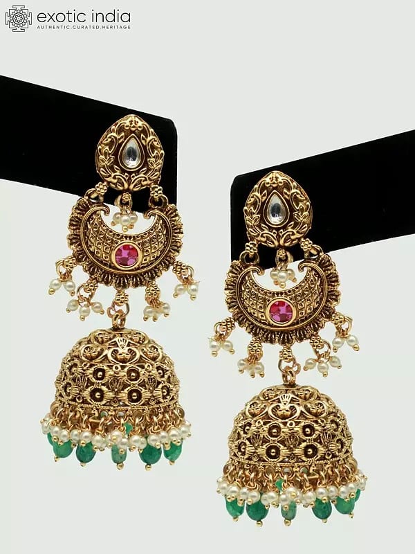 Exotic India Hanging Beads Necklace Set With Stunning Earrings And Mangtika