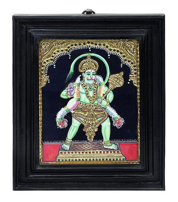 exotic india Hanuman Ji Tanjore Painting | Traditional Colors with 24K Gold | Teakwood Frame 