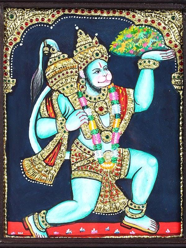 Exotic India Hanuman Ji With Light Green Body | 24 Karat Gold Work | Framed Tanjore Painting 