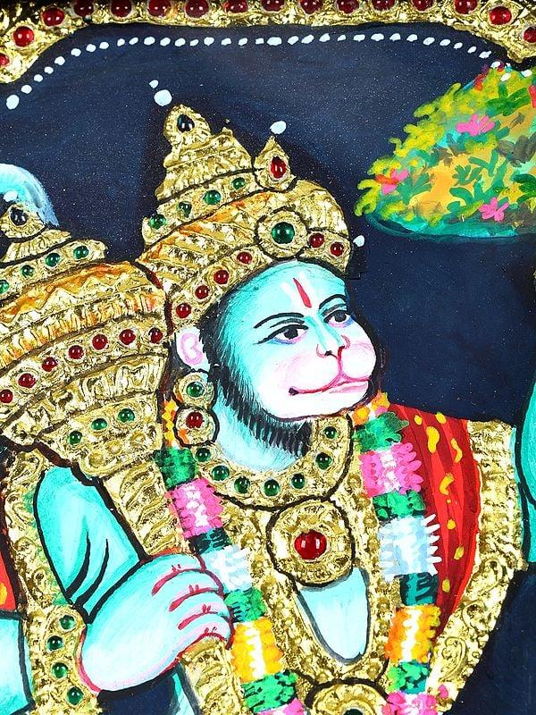 Exotic India Hanuman Ji With Light Green Body | 24 Karat Gold Work | Framed Tanjore Painting 