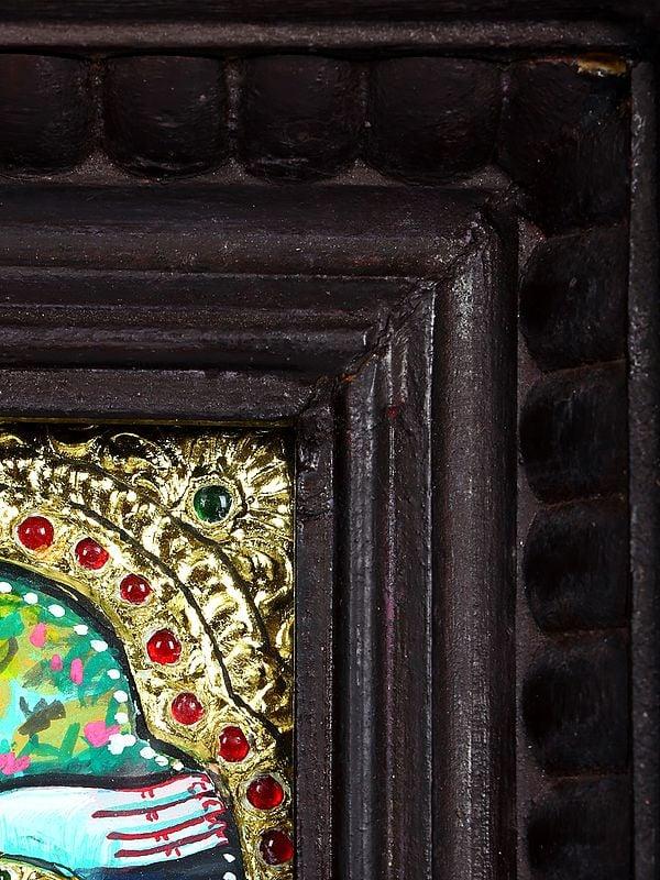 Exotic India Hanuman Ji With Light Green Body | 24 Karat Gold Work | Framed Tanjore Painting 