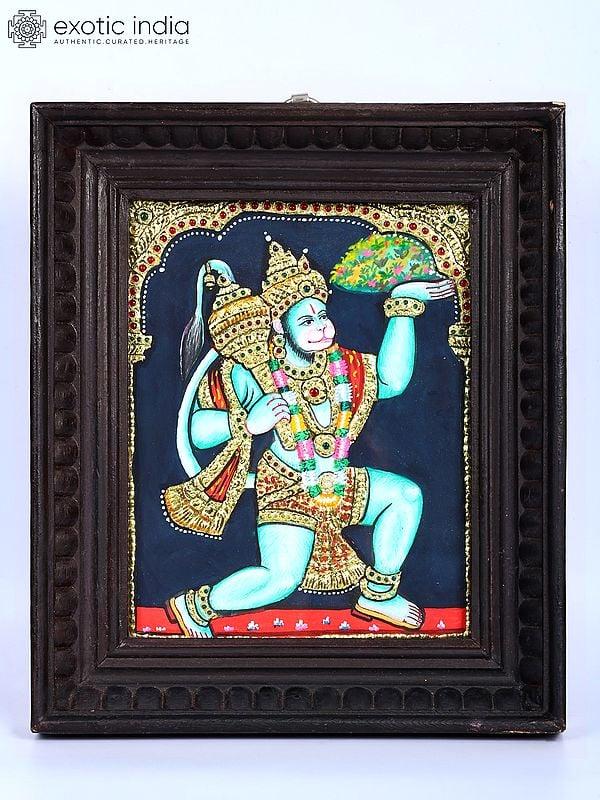 exotic india Hanuman Ji with Light Green Body | 24 Karat Gold Work | Framed Tanjore Painting 