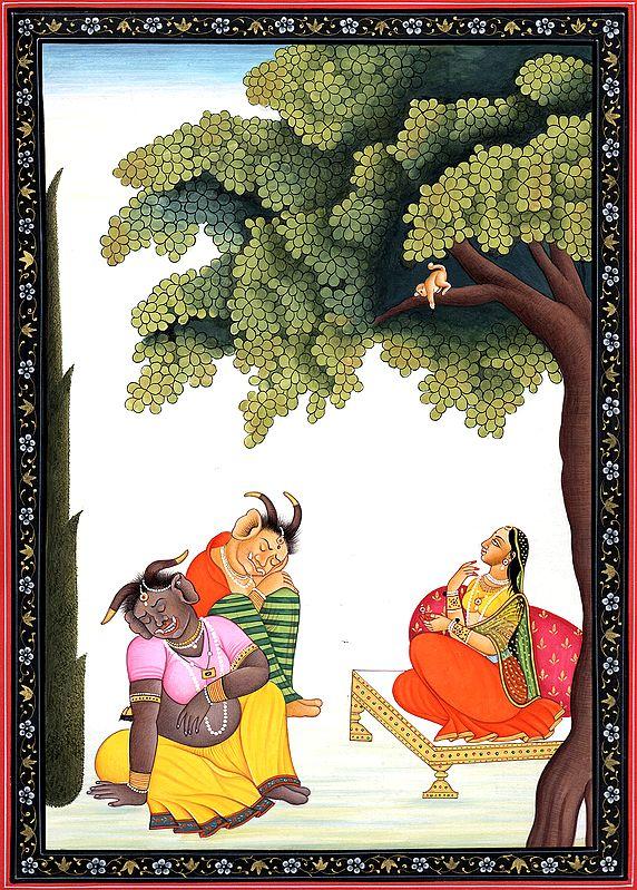 exotic india Hanuman Presents Rama's Ring to Sita Surrounded by Rakshasis 