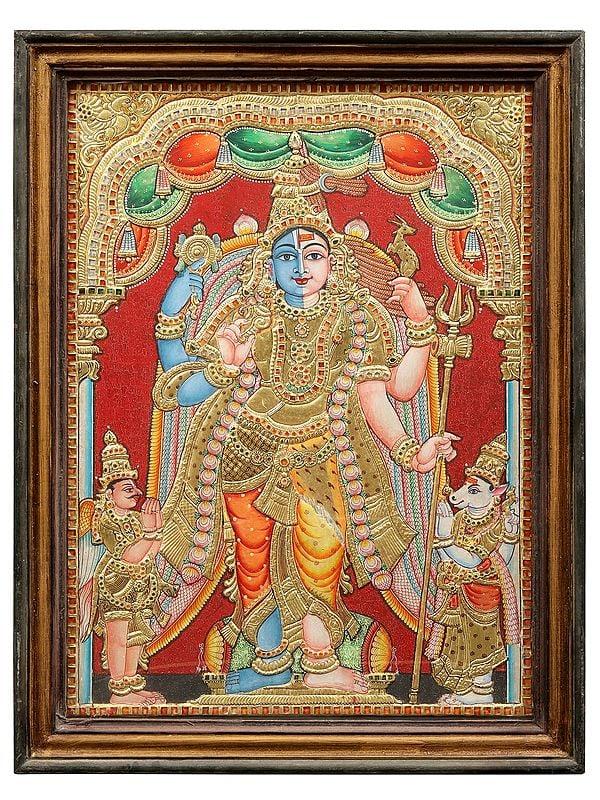 exotic india Hari-Hara Tanjore Painting with Teakwood Frame