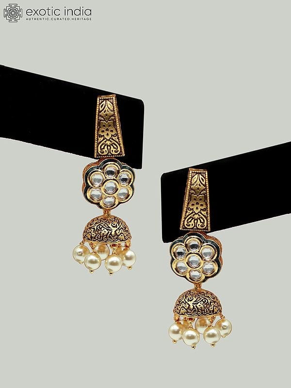 Exotic India Hasli Look Brass Necklace Set With Attractive Carving And Earrings