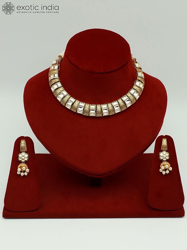 exotic india Hasli Look Brass Necklace Set With Attractive Carving And Earrings 