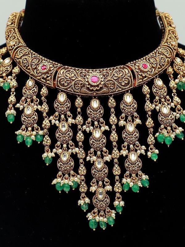 Exotic India Hasli Look Premium Matte Necklace Set With Beautiful Earrings And Carving