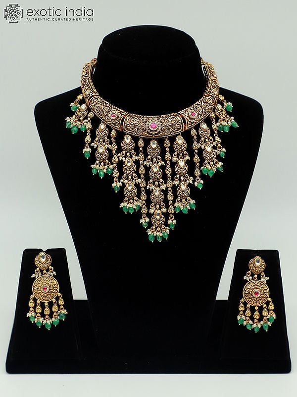 exotic india Hasli Look Premium Matte Necklace Set With Beautiful Earrings And Carving 