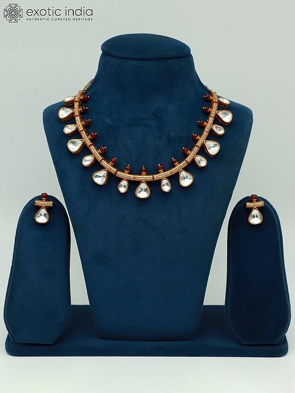 exotic india Hasli Style Moissanite Kundan With Matt Polish Necklace With Matching Earrings 