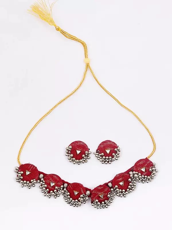 Exotic India Haute-Red Handloom Sambalpuri Fabric Choker & Earrings Set 