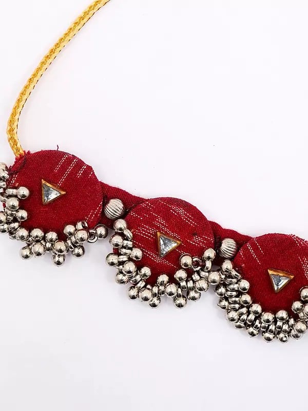 Exotic India Haute-Red Handloom Sambalpuri Fabric Choker & Earrings Set 