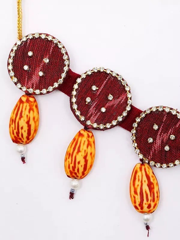Exotic India Haute-Red Handloom Sambalpuri Fabric Choker & Earrings Set With Dangling Stones 