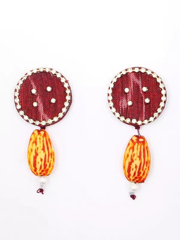 Exotic India Haute-Red Handloom Sambalpuri Fabric Choker & Earrings Set With Dangling Stones 