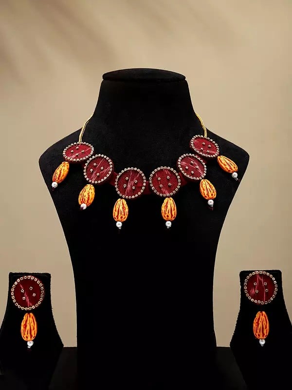 exotic india Haute-Red Handloom Sambalpuri Fabric Choker & Earrings Set with Dangling Stones 