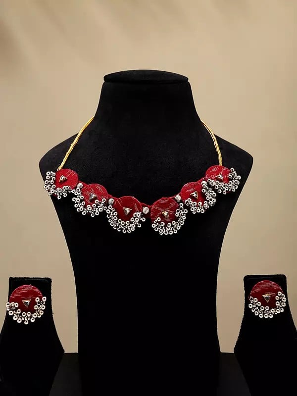 exotic india Haute-Red Handloom Sambalpuri Fabric Choker & Earrings Set