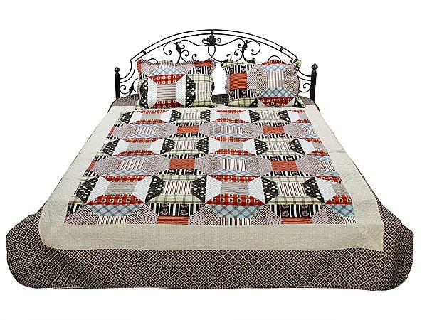 exotic india Hawthorn-Rose Kantha Reversible Quilt And Pillow Covers From Jodhpur 