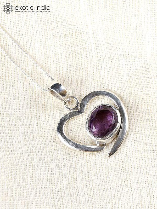 Exotic India Heart Shape Sterling Silver Pendant With Amethyst Gemstone
