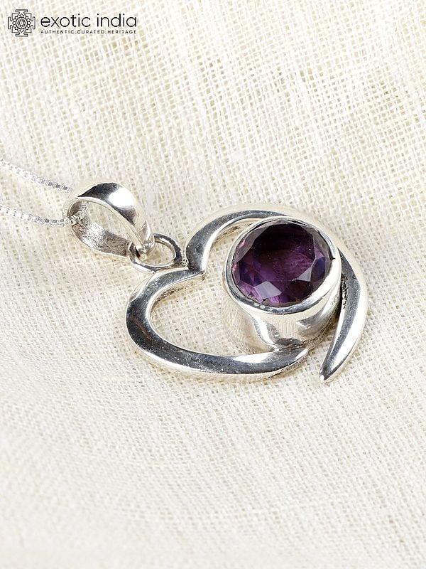 Exotic India Heart Shape Sterling Silver Pendant With Amethyst Gemstone