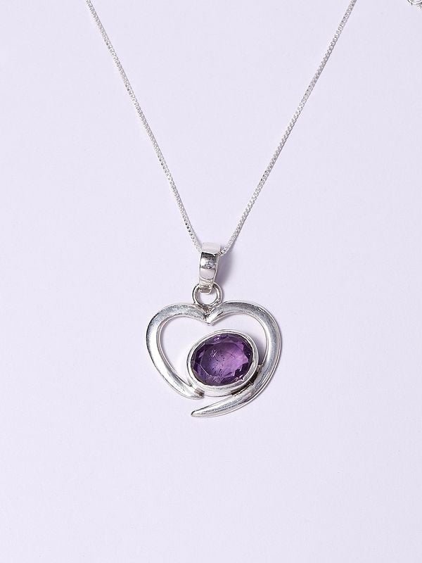 exotic india Heart Shape Sterling Silver Pendant with Amethyst Gemstone 