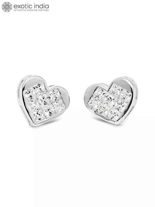Exotic India Heart Shaped Sterling Silver Tops With Cubic Zirconia Stones