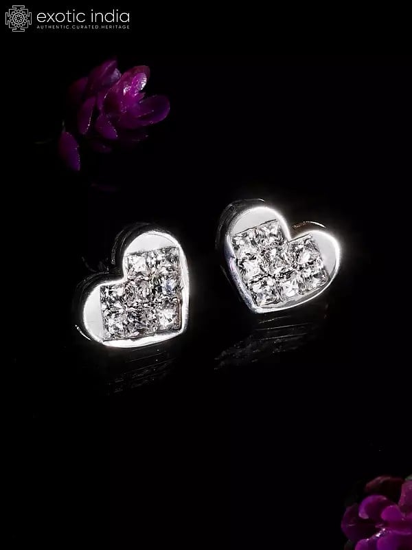 Exotic India Heart Shaped Sterling Silver Tops With Cubic Zirconia Stones