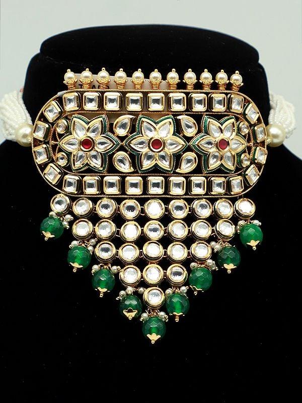 Exotic India Heavy Bandhai Choker Set With Earrings And Hanging Beads