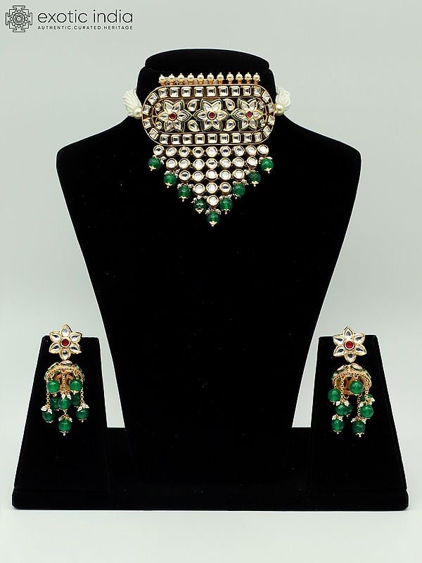 exotic india Heavy Bandhai Choker Set With Earrings And Hanging Beads 
