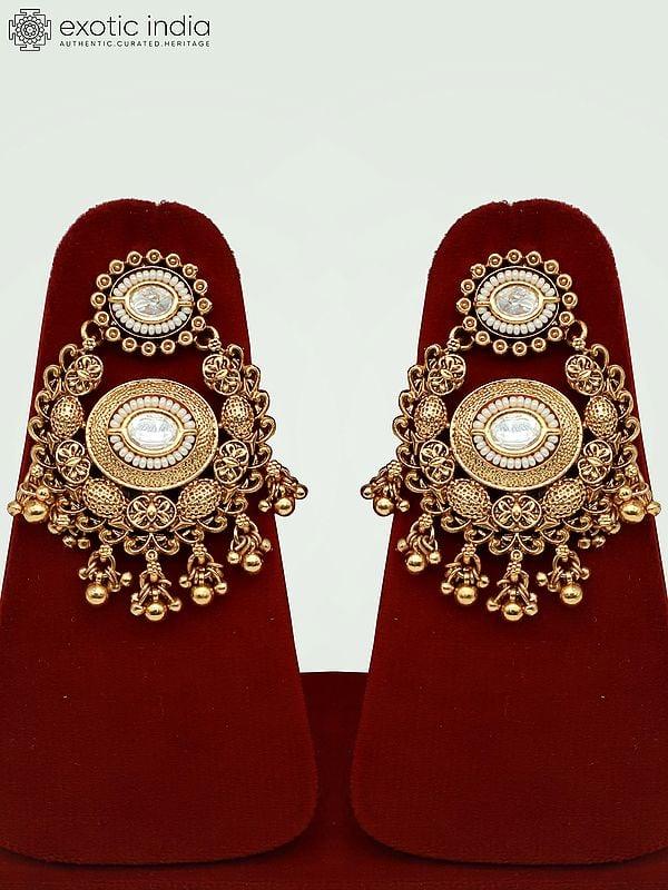 Exotic India Heavy Brass Jewelry Set With Mangtika And Earrings For Bridal 