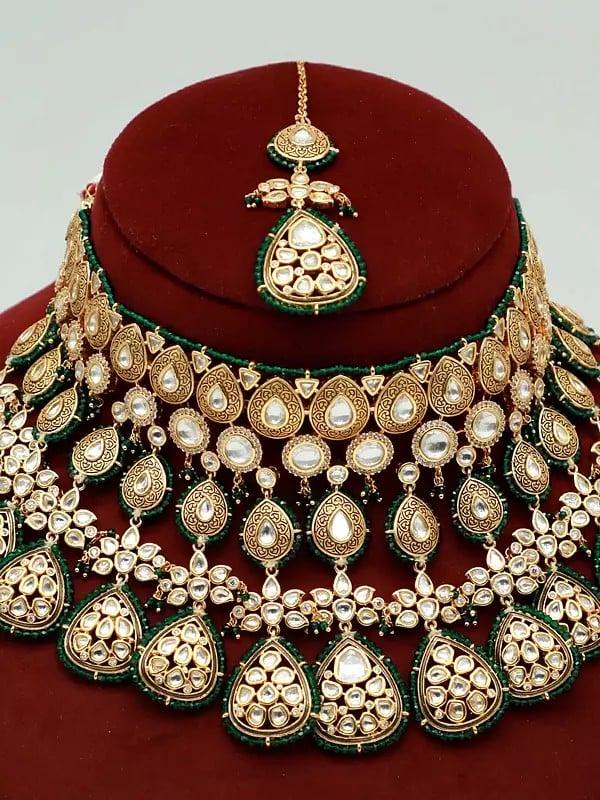 Exotic India Heavy Brass Necklace Set For Women With Mangtika And Earrings 