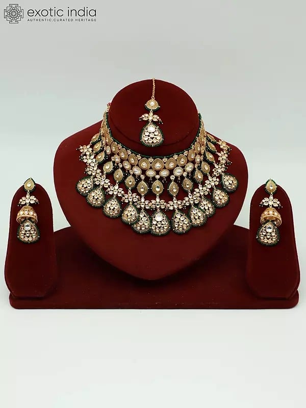 exotic india Heavy Brass Necklace Set For Women With Mangtika And Earrings