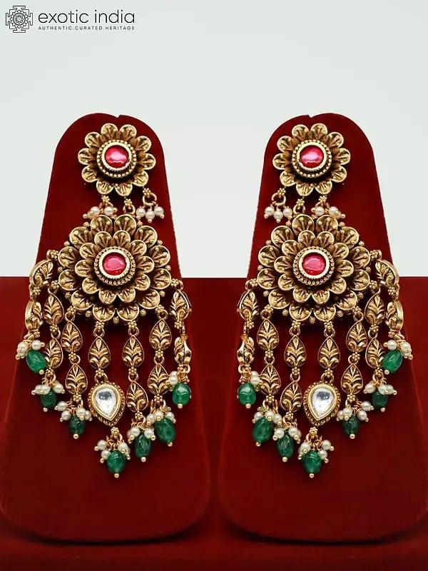 Exotic India Heavy Bridal Necklace Set In Brass With Earrings And Mangtika
