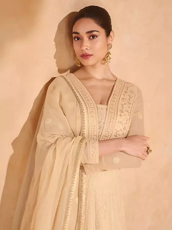 Exotic India Heavy Embroidery And Sequins Work Georgette Wedding Wear Gown With Matching Dupatta