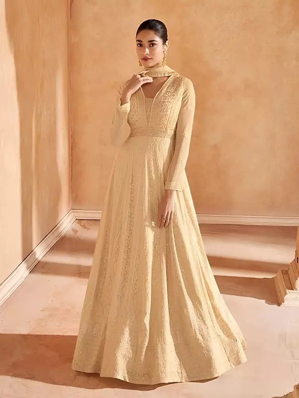 Exotic India Heavy Embroidery And Sequins Work Georgette Wedding Wear Gown With Matching Dupatta