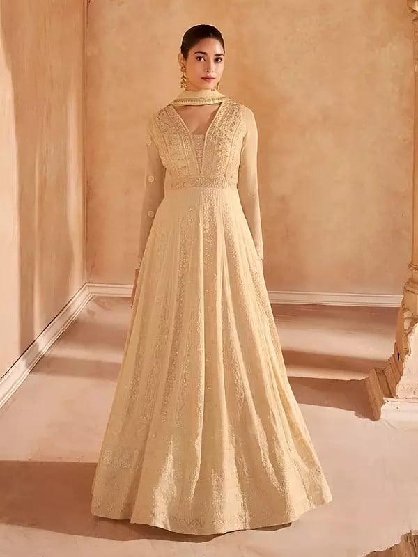 exotic india Heavy Embroidery And Sequins Work Georgette Wedding Wear Gown With Matching Dupatta 