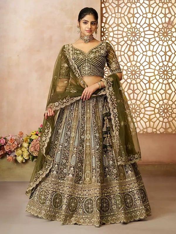 exotic india Heavy Embroidery And Sequins Work Soft Net Lehenga Choli With Tassels And Matching Floral Dupatta 