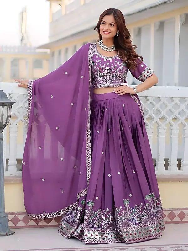 Exotic India Heavy Embroidery Sequins & Thread Work Designer Party Wear Lehenga Choli With Dupatta 